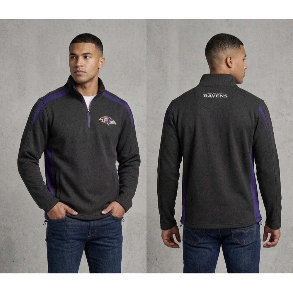 NFL Baltimore Ravens 1/4 Zip Pullover Jacket Black Purple Waffle Knit Mens Large